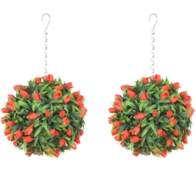 Image of Pair of Best Artificial TULIP Flower Balls Lush Long Leaf Topiary Grass (24cm, Orange)