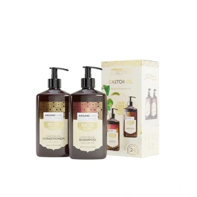 Image of ARGANICARE Ricin Shampoo + Conditioner Growth Accelerator Soothes the scalp Nourishes and strengthens Strong, shiny hair Made in France 2x400ML