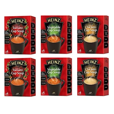 Image of Heinz Cup Soup Variety Bundle 6 Boxes Tomato, Chicken &amp; Vegetable Flavours 2 Packs x 4 Sachets of Each Instant Broth. Exclusive Kingdom Supplies Recipe Tips Sheet.