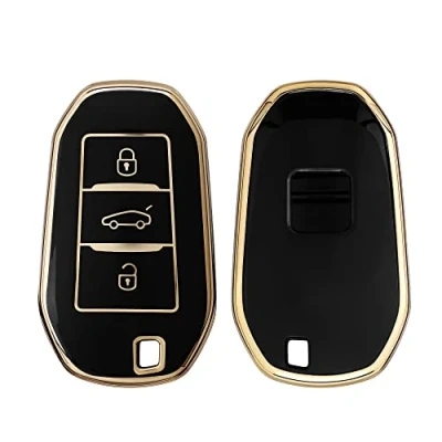 Image of kwmobile Key Cover Compatible with Peugeot Citroen 3 Button Car Smart (only Keyless Go) Fob Case Protector Black/Gold