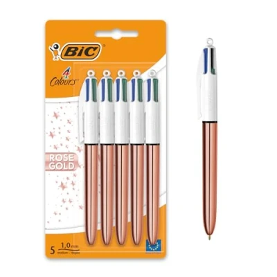 Image of BIC 4 Colours Rose Gold Pen, Multi Coloured Pens All In One, Retractable Ballpoint Medium 1.0mm, Green, Blue, Red, Black, 5 Per Pack, 1 Pack