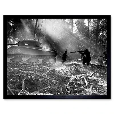 Image of War WWII USA Battle M4 Sherman Tank 1944 Photo Art Print Framed Poster Wall Decor 12x16 inch