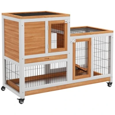 Image of PawHut Wooden Indoor Rabbit Hutch, Guinea Pig House, Bunny Small Animal Cage With Wheels, Enclosed Run 110 x 50 86 cm, Yellow