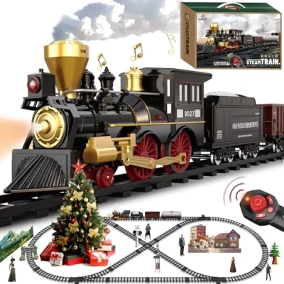 Image of Train Set for Kids Remote Control Toys w/Steam Locomotive, Cargo Cars &amp; Luxury Tracks, Electric Trains w/Realistic Smoke,Sounds Lights, Christmas Birthday Gift Boys Girls 3 4 5 6 7+…