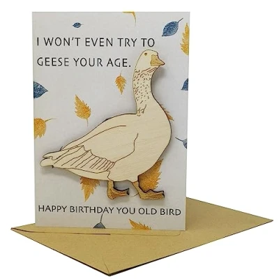 Image of Funny Birthday Pun Card with Wooden Figure on the Front (Geese)
