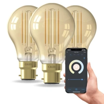Image of CALEX Smart Filament Bulb B22 Bayonet, 3 Pack, WiFi LED A60 Bulb, Warm White Light, Gold, App and Works with Amazon Alexa Google Home, 7W