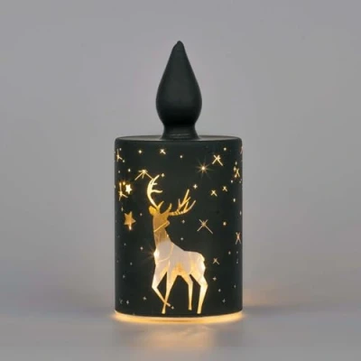 Image of SHATCHI 17cm Christmas Decorated Lantern Candle Table Lamp Etched Glass Tube Xmas Black Cylinder LED Fairy Lights Battery Operated Decoration