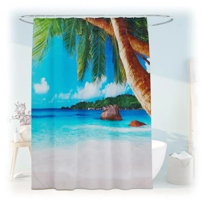 Image of Relaxdays Shower Curtain, Tropical Design, 180 x 200 cm, Mould Resistant, Washable, 12 Rings, for Bathtub, Multicoloured, Polyester