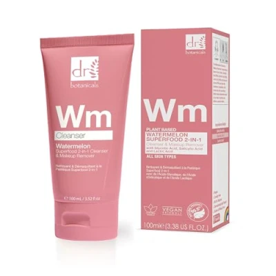 Image of Dr Botanicals Watermelon Cleanser &amp; Makeup Remover 100ml with Salicylic Acid, Glycolic Lactic and Gluconolactone Targets Blemishes Skin Texture Infused Seed Oil