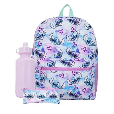 Image of Disney Stitch School Bag Set 3 Piece Lilo and Backpack with Pencil Case Water Bottle I Official Merchandise Multicolour