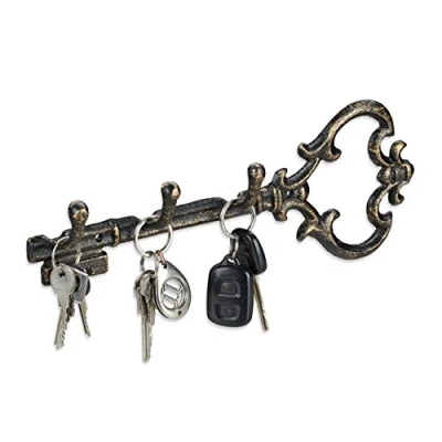 Image of Relaxdays Key Holder 3 Hooks Decorative Shape Cast Iron Vintage HBT 12.5 x 33 4.5 cm Black Gold