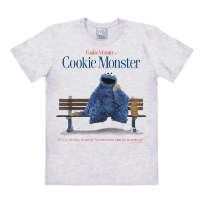 Image of Logoshirt® Sesame Street I Cookie Monster Bench Life is Like A Box of Cookies Print T Shirt Men &amp; Women Short Sleeve Grey Licensed Original Design Size M