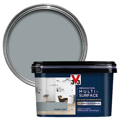 Image of V33 Renovation Multi Surface Paint Pebble Grey 2L Direct to 20 Surfaces Including Wood, Tiles &amp; Metal Resistance Water, Stains Impact High Coverage Washable Easy Maintenance