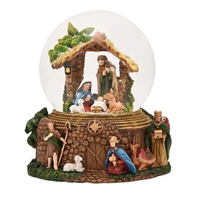 Image of Widdop and Co. The Seasonal Gift Nativity Snowglobe Festive Christmas Decoration Ornament. Red, Gold &amp; White Xmas Homeware Indoor Holiday Room Decor.