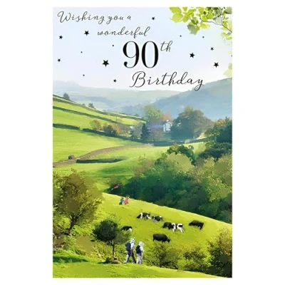 Image of Male 90th Birthday Card for Him Age 90 Special Finishes Scenic Countryside Walk Design Illustrated Insert Leaf Made in the UK