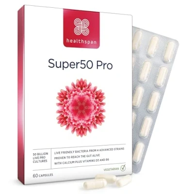 Image of Healthspan Super50 Probiotic Gut Health with Vitamin D3 50 Billion Live Cultures B6 Calcium Vegetarian (60 Capsules)