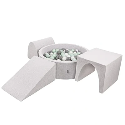 Image of KiddyMoon Foam Playground For Kids With Round Ballpit (300 Balls) Obstacle Course, Lightgrey:White/Grey/Mint