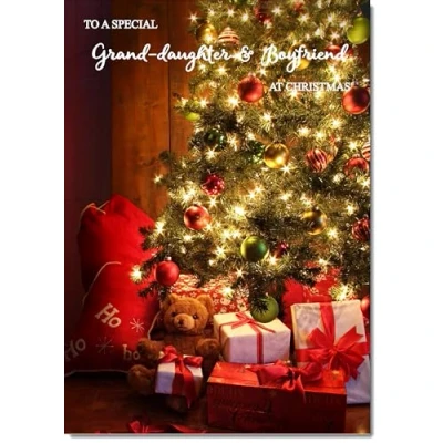 Image of doodlecards Granddaughter &amp; Boyfriend Christmas Card Teddy by Tree Medium Size with Plain Envelope