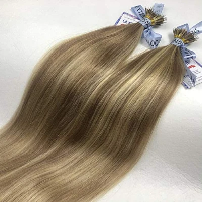 Image of GOOFIT Nano Tip Hair Extensions Beads Human Remy Ring 1g/s, 50s/pack (20&quot; #12/613 Light Brown Mix Bleach Blonde)