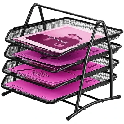 Image of 4 Tier Mesh Letter Tray Office Filing Trays Holder Desk Organiser Stacking Supports Document Paper Holder，Metal File Organizer for School Home And (4 Tier)