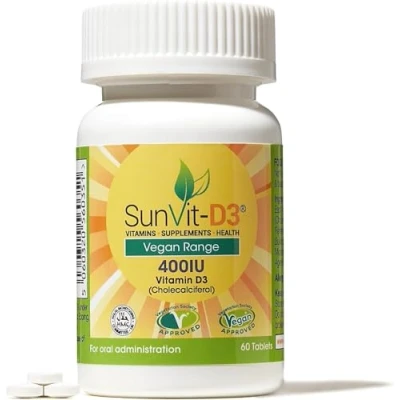 Image of Sunvit D3 Vitamin 400IU Vegan D Tablets Support The Maintenance of Bone, Teeth, Muscle &amp; Immune System UK Made, GMP Approved, Gluten Dairy Free Vitamins 60 Daily