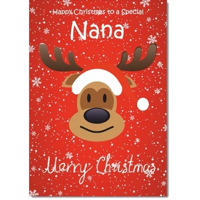 Image of doodlecards Nana Christmas Card Rudolph on Red Background Large A4 Size for with Plain Envelope