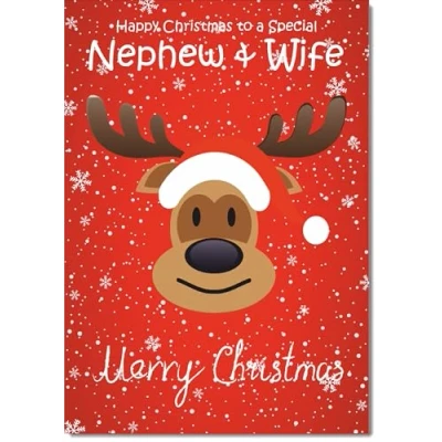 Image of doodlecards Nephew &amp; Wife Christmas Card Rudolph on Red Background Medium Size with Plain Envelope