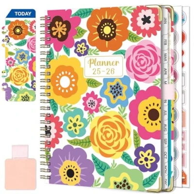 Image of Diary 2025 2026 Week to View A5 Academic July June (12 Months) Planner with Self adhesive pen loop, Ruler Bookmark &amp; Stickers (Orange)