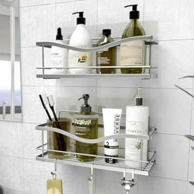 Image of KINCMAX Shower Shelves 2 Pack Self Adhesive Caddy with 4 Hooks No Drill Large Capacity Stainless Steel Wall Shelf Organiser for Inside Bathroom Matte Black