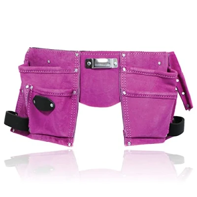 Image of SPARES2GO Gardening Tool Belt Pink Double Leather 11 Pouch Purple Holder Adjustable Suede