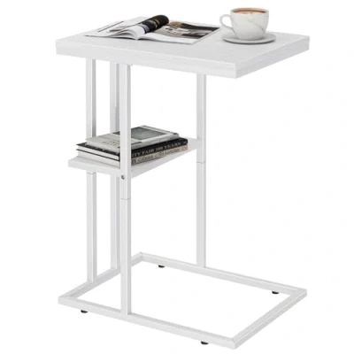 Image of C Shaped End Table, Sofa Tables, Coffee Table Under Sofa, Small Couch Side Snack TV TrayTable for Space, BedsideTable with Metal Frame Living Room &amp; Bedroom, Pure White