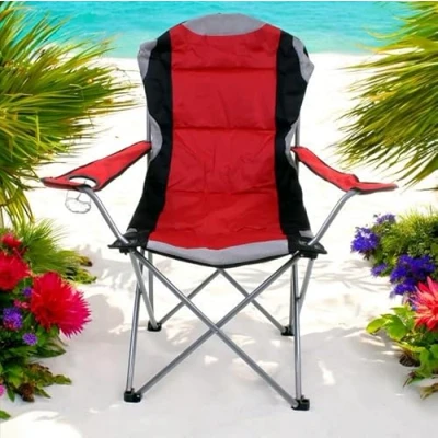 Image of Faboer High Back Folding Camping Chair, Luxury Padded Seat, Heavy Duty Tubular Steel, Cup Holder Armrest, Lightweight Portable, Outdoor Garden, Carry Bag Red