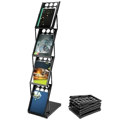 Image of QWORK Iron Spray Plastic A4 Brochure Stand, 4 Tier, Foldable, Black