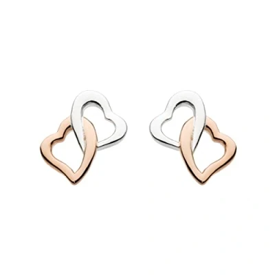 Image of Dew Sterling Silver and 14ct Plated Rose Gold Interlinking Hearts Stud Earrings 4868HP