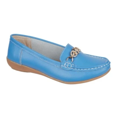 Image of Jo &amp; Joe Ladies Leather Slip On Gold Effect and Diamante Trim Loafers (Azure Blue, UK Footwear Size System, Adult, Women, Numeric, Medium, 5)