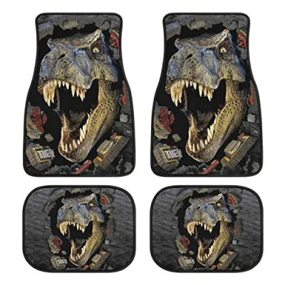 Image of Dinosaur Car Floor Mats Set of 4,3D T rex Vehicle Front Rear Carpets Mat Amazing Wildlife Animal Rugs Non Slip Auto Foot Accessories Universal Fit for SUV Truck