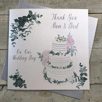 Image of White cotton cards Thank You Mum and Dad On Our Wedding Day Large Handmade Card, White, (XLWB201 NEW),22cm x 22cm