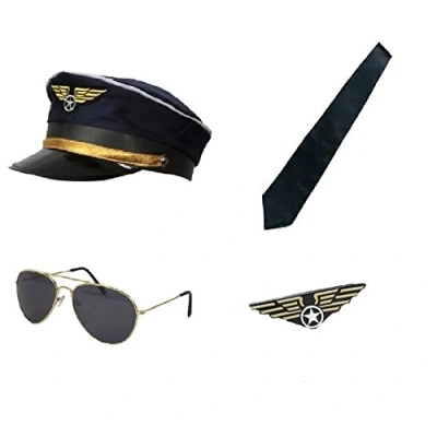 Image of Captain Pilot Kit Hat, Sunglasses, Aviator Pin Badge &amp; Tie Fancy Dress
