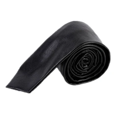 Image of Hello Tie Men&#039;s Skinny Handmade PU Leather Black Narrow Necktie