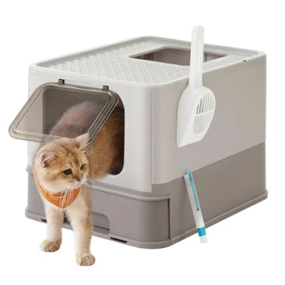Image of FEANDREA Cat Litter Box with Lid, Covered Top Entry, Slide Out Tray, Scoop, Brush, for Large Cat, Max. Load 33 lb, Anti Tracking, Leaking, Oatmeal and Warm Gray PPT001G01