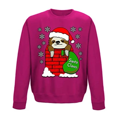 Image of Santa Claws Cute Sloth In Chimney Festive Christmas Kids Sweatshirt Hot Pink 9 11 Years (L)