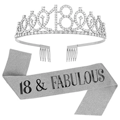 Image of SUSSURRO &quot;18 and Fabulous Sash Rhinestone Tiara Set,18th Birthday Gifts for Women Party Supplies( Silver)