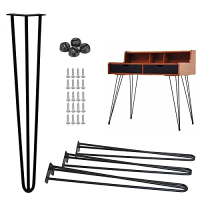 Image of Black Haripin Legs for Industrial Dining Table, 28inch 71cm 3 Rod, Metal Table Legs, Pre drill Holes 10mm Heavy Duty Furniture Feet Portectors &amp; Screws Included, Set of 4