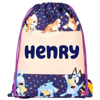 Image of Bluey Personalised Drawstring Bag For Kids PE School Gift Boys &amp; Girls Swimming Children Purple