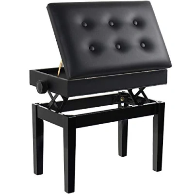 Image of GRANDMA SHARK Piano Stool, Dressing Table Height Adjustable, Single Seat Keyboard Bench with Storage Compartment, Soft Faux Leather Padded (Black Button)