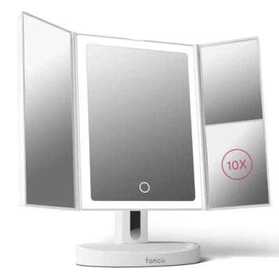 Image of Fancii LED Lighted Vanity Makeup Mirror, Rechargeable Trifold Mirror with 5X &amp; 10x Magnifications 68 Dimmable Natural Lights, Touch Screen, Best Adjustable Make Up Tria 2