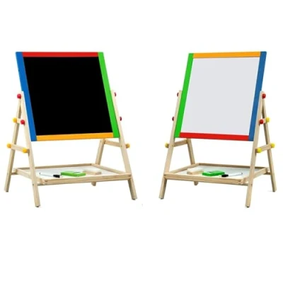 Image of SASONS® Double Sided Kids 2 in 1 Quality Wooden Art Easel Adjustable Flip Over Drawing Writing Board Whiteboard Blackboard Chalkboard for Children Fun Play Educational Activity Learning [65cm]
