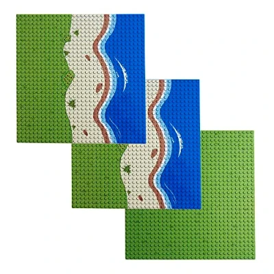 Image of APOSTROPHE Games Island Building Block Base Plates Compatible with All Major Brands 3 Pack Beach 2 Straight &amp; 1 Center Grass add on to Expand Your 25.6 cm x