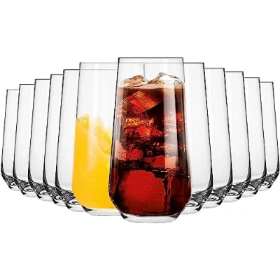 Image of Krosno Tall Water Juice Drinking Glasses Set of 12 480 ML Splendour Collection Hiball &amp; Tumbler Durable Glass Perfect for Home, Restaurants and Parties Dishwasher Safe