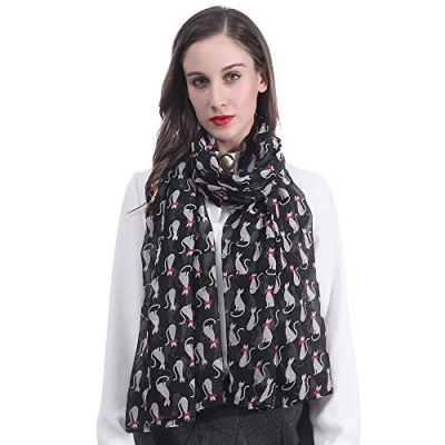 Image of Lina &amp; Lily Cat Kitten Print Women&#039;s Large Scarf Lightweight (Black and Pink)(Size: One Size)